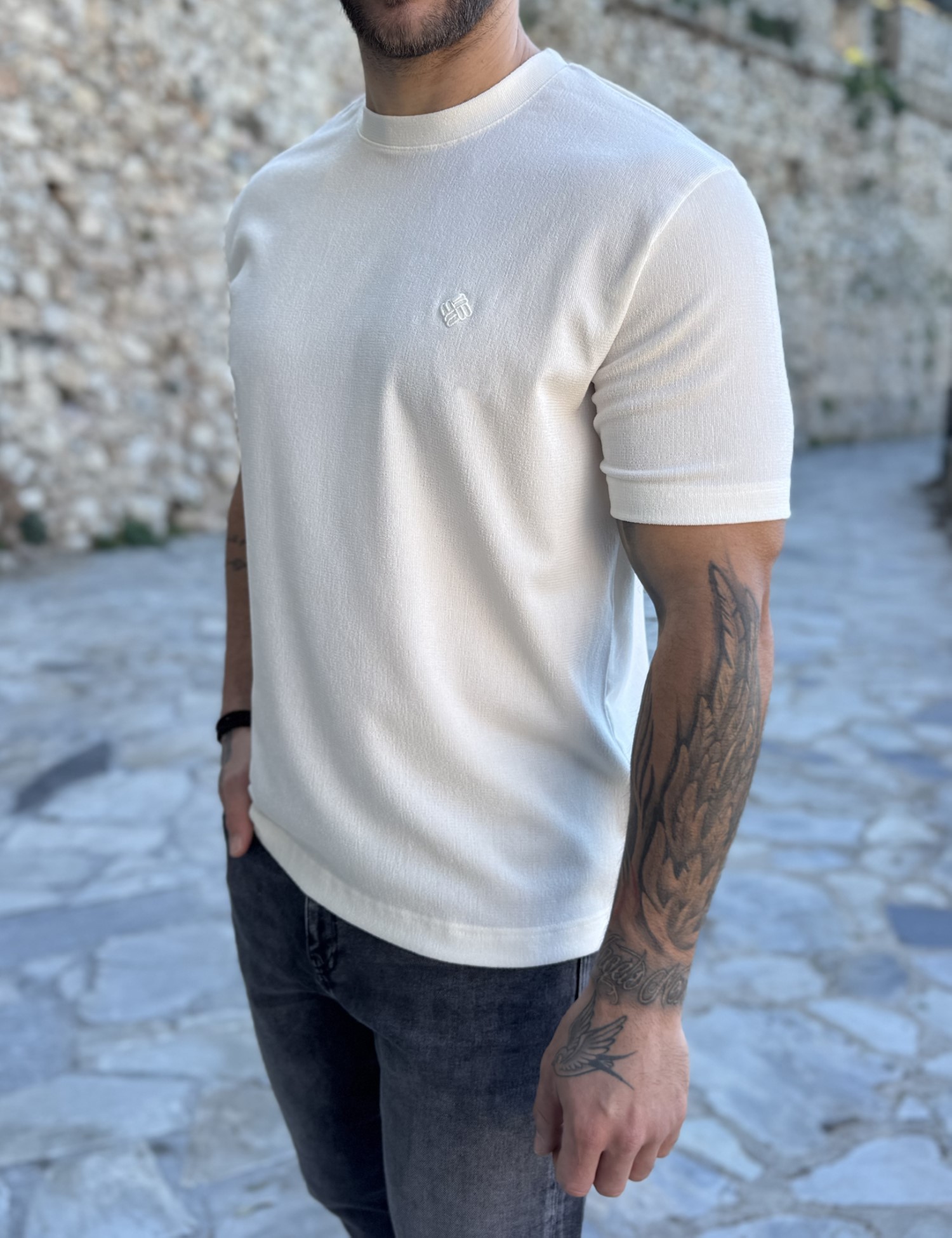 Marrakech ανδρική εκρού κοντομάνικη μπλούζα με ανάγλυφο ύφασμα TST2752 φωτογραφία